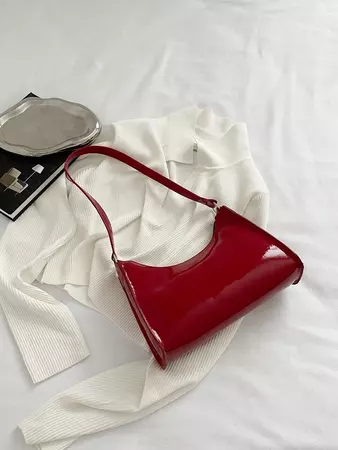 Artificial Patent Leather Minimalist Bag Trendy PU Crescent Hobo Bag, Fashion Shoulder Bag, Women's Luxury Handbag & Purse For Commute , Burgundy Bag& New Year Ideal Gift | SHEIN