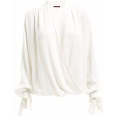 Silk Wrap Blouse Raw White (16840 RSD) ❤ liked on Polyvore featuring tops, blouses, white silk blouse, draped blouse, wrap … | Blouse, White silk shirt, Wrap blouse