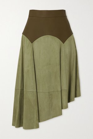 Obi Asymmetric Leather And Suede Skirt - Green