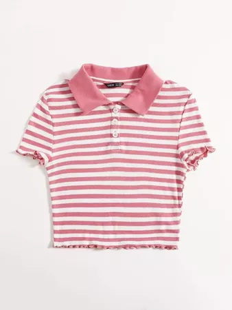 Lettuce Trim Striped Polo Shirt | SHEIN USA