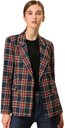 Allegra K Women's Notched Lapel Double Breasted Plaid Work Formal Blazer Jacket L Blue Green at Amazon Women’s Clothing store