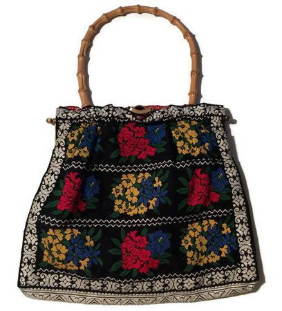 Folkloric Bright Floral Embroidered Handbag Bamboo Handle circa 1970s – Dorothea's Closet Vintage