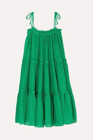 Ruffled Tiered Linen-blend Dress - Green