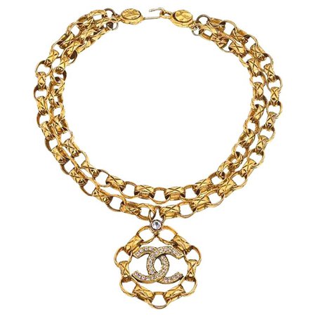 Chanel Double Chain Necklace With Rhinestones For Sale at 1stdibs