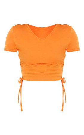 Orange Jersey V Neck Ruched Side T Shirt | PrettyLittleThing