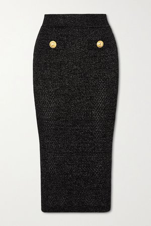 Black Button-embellished metallic ribbed-knit midi skirt | Balmain | NET-A-PORTER
