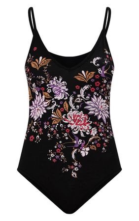 Black Strappy Floral Pattern Bodysuit