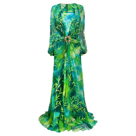 Versace Spring 2020 Green and Blue Jungle Print Floor-Length Silk Dress Size 38 For Sale at 1stDibs