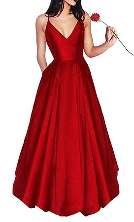 Bonnie_Shop Bonnie Women's V-Neck Homecoming Dress 2017 Long Spaghetti Straps Satin Prom Party Dresses With Pockets BS037 at Amazon Women’s Clothing store: