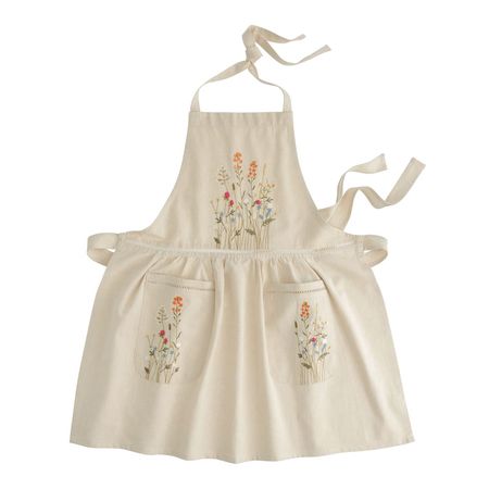 Natural Embroidered Floral Apron with Lace Trim - World Market