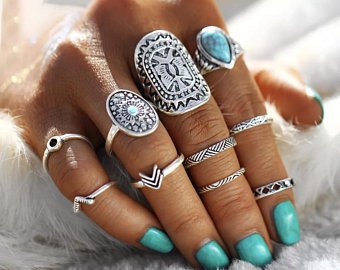 9 pcs turquoise silver color boho ring set bohemian jewelry | Etsy