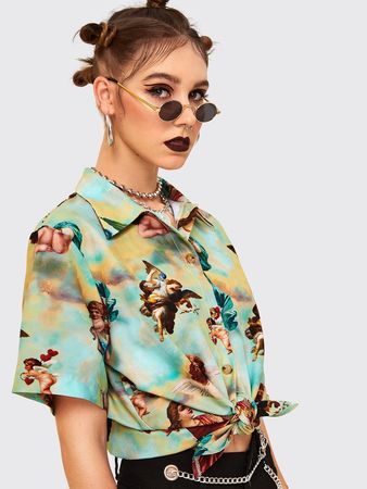 Angel Print Button Front Blouse | ROMWE