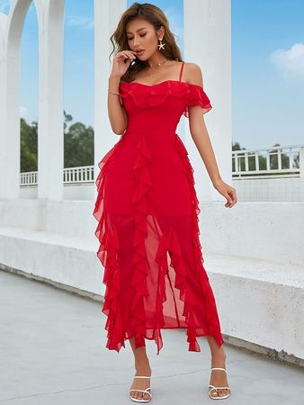 Amazon.com: Dresses for Women - Cold Shoulder Ruffle Trim Split Thigh Chiffon Dress (Color : Red, Size : Small) : Clothing, Shoes & Jewelry