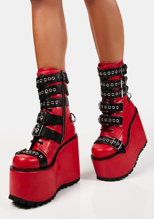 Current Mood Vegan Leather Contrast Buckle Wedge Boots | Dolls Kill