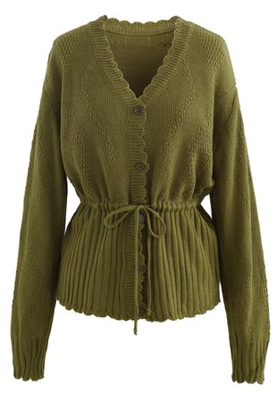 Drawstring V-Neck Button Down Knit Cardigan in Moss Green - Retro, Indie and Unique Fashion