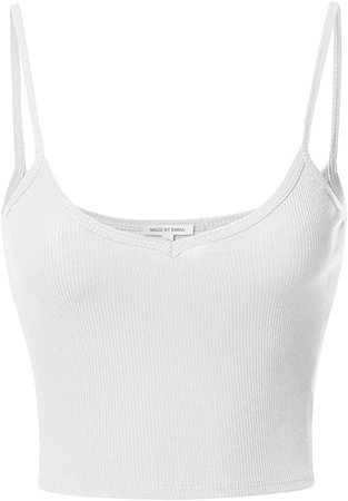 Made by Emma Basic Solid Sleeveless Ribbed Spaghetti Strap Crop Tank Top White L at Amazon Women’s Clothing store