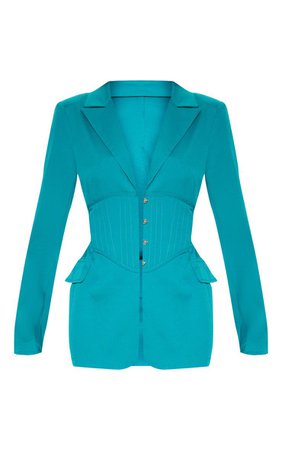 Teal Corset Woven Blazer | Coats & Jackets | PrettyLittleThing