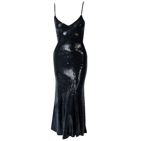 *clipped by @luci-her* 1970's Halston Black Sequin Silk-Jersey Plunge Hourglass Mermaid Cocktail Dress at 1stDibs