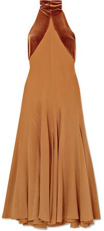 Asymmetric Silk Crepe De Chine And Velvet Maxi Dress - Tan