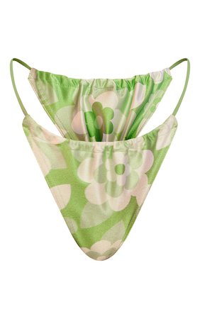 Green Flower Tanga Bikini Bottoms | Swimwear | PrettyLittleThing CA