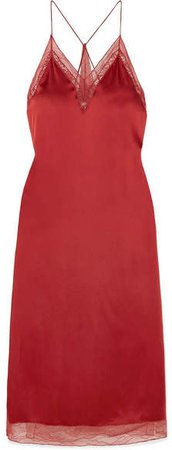Lace-trimmed Satin Midi Dress - Red