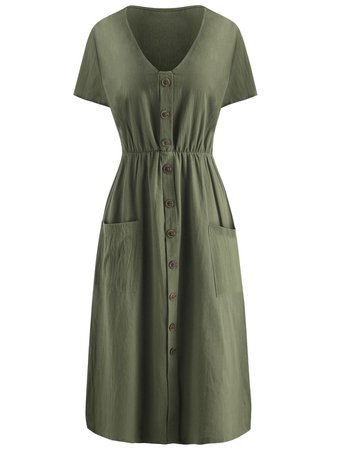 V Neck Button Front Pocket Dress | Rosegal