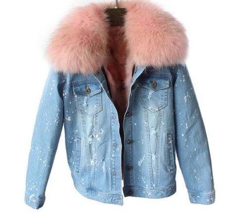 blue jean jacket w/ pink fur collar