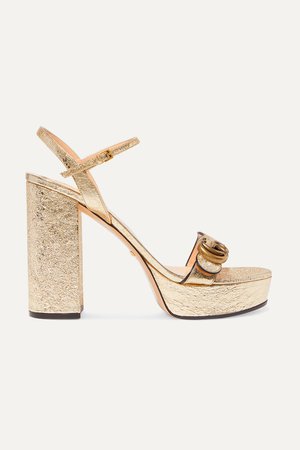 Gold Marmont logo-embellished metallic cracked-leather platform sandals | Gucci | NET-A-PORTER
