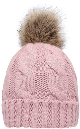 NEOSAN Women's Winter Ribbed Knit Faux Fur Pompoms Chunky Lined Beanie Hats Twist Light Pink at Amazon Women’s Clothing store: