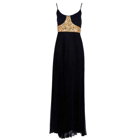 1970s Black Jean Patou Evening Gown Vintage Dress With Gold Beads and Sequins For Sale at 1stdibs
