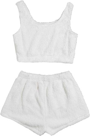 SweatyRocks Women's Fluffy Pajamas Set Crop Tank Top With Shorts Loungewear White S at Amazon Women’s Clothing store
