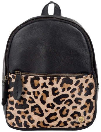 MAHI Leather - Mini Backpack In Ebony Black Leather With Leopard Print Pony Hair Front Pocket