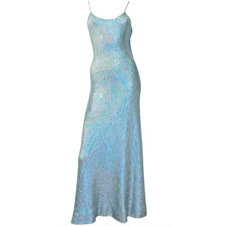 Stunning and Rare HALSTON Seafoam Sequin Disco Gown at 1stDibs