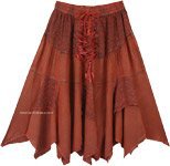 Hawaiian Tan Lace Up Handkerchief Hem Skirt Midi Length | Bronze | Lace, Handkerchief, Peasant, Vacation, Dance, Fall, Solid, Bohemian,Western-Skirts