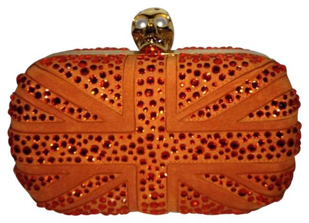 *clipped by @luci-her* Alexander McQueen Box Britannia Union Swarovski Crystal Embellished Skull Orange Suede Clutch - Tradesy