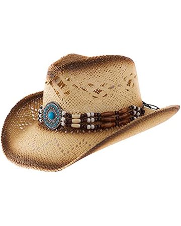 Men's & Women's Western Style Cowboy / Cowgirl Straw Hat with Bull Big Bead Band - Beige at Amazon Men’s Clothing store: Cowboy Hats Women