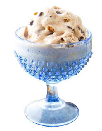 Edited by 8es.xyz: ben and Jerrys chunky monkey ice cream banana chocolate walnuts food desert  blue glass cup