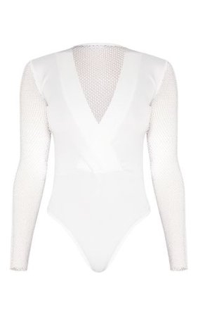 Cream Long Sleeve Fishnet Plunge Bodysuit | PrettyLittleThing