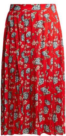 Pleated Floral Print Crepe Midi Skirt - Womens - Red Multi