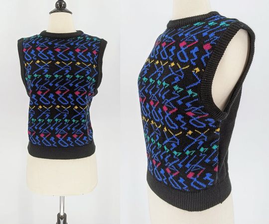 Vintage 80s sweater vest 1980s TOI black acrylic jewel tone | Etsy