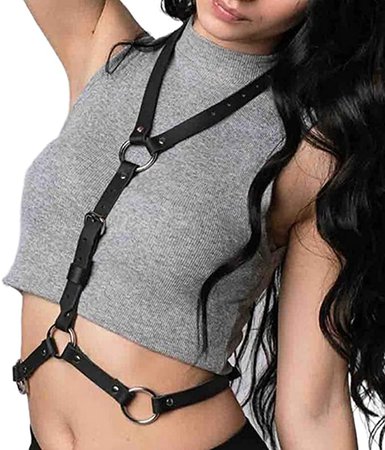 Bodiy Punk Leather Body Chain Harness Black Waist Belt Straps with Neck Rave Club Body Harness Jewelry for Women and Girls at Amazon Women’s Clothing store