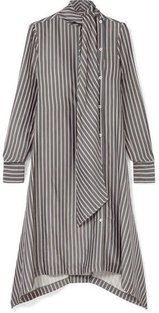 Asymmetric Pussy-bow Striped Crepe De Chine Midi Dress - Gray