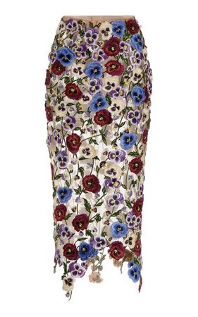 Embroidered Pansy-Appliquéd Tulle Midi Skirt By Oscar De La Renta | Moda Operandi