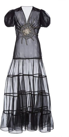 Rodarte Web-Embellished Silk Chiffon Tiered Maxi Dress