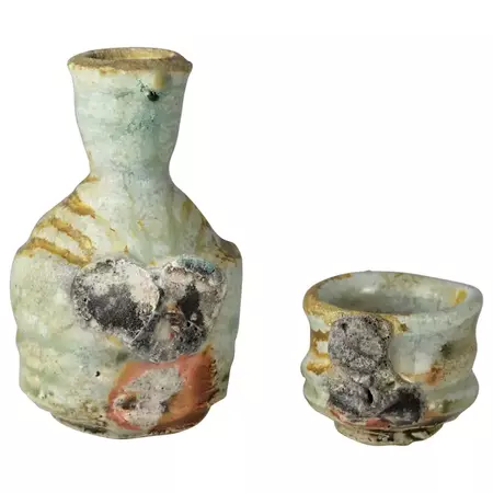 Japanese Sake Set Flask and Cup Named 'Chogetsu' by Kumano Kuroemon For Sale at 1stDibs | kumano kuroemon pottery, raku sake set