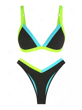 ZAFUL Women's Neon Colorblock Contrast Pipping Triangle Wave Textured V Cut Waist Thong Swimwear Bikini Set In BLACK | ZAFUL 2024