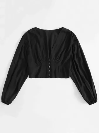 Black Friday 2020 | Plus V-neck Bishop Sleeve Button Front Blouse | SHEIN USA