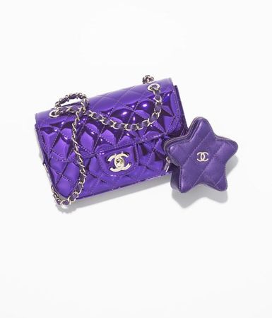 Mini flap bag & star coin purse, Mirror calfskin, metallic calfskin & gold-tone metal, pink — Fashion | CHANEL