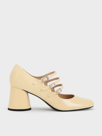 Yellow Buckled Cylindrical Heel Mary Janes