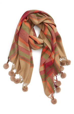 Sole Society Plaid Scarf with Pompom Fringe | Nordstrom